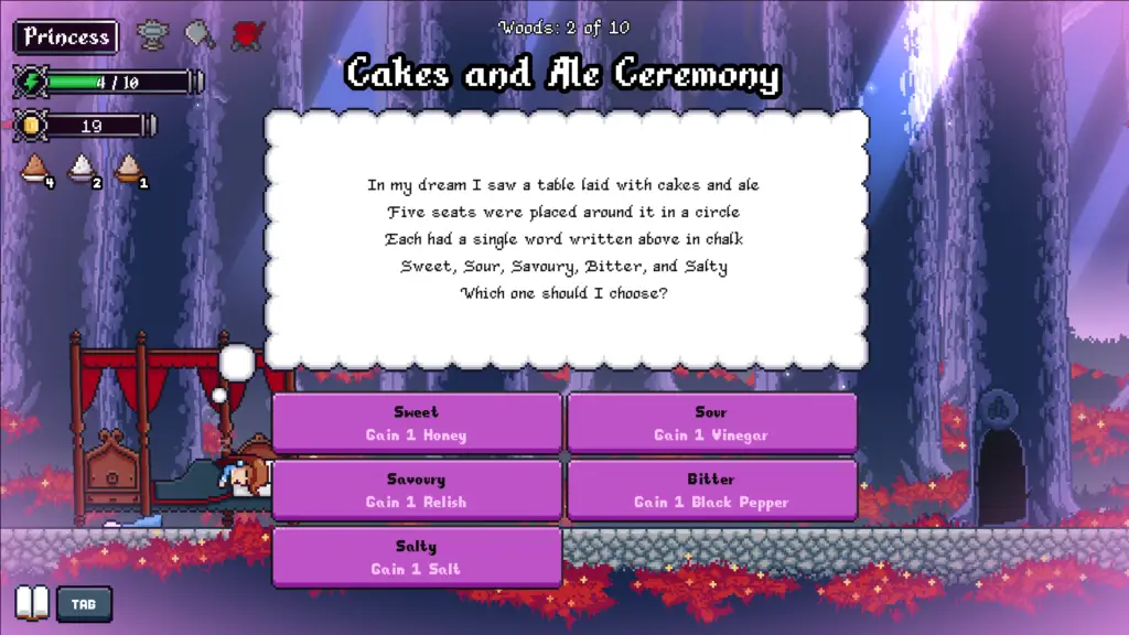 The princess is asleep in a bed in the woods. She dreams so the player sees the text describing her dream which ultimately has her make a choice. What should she choose from Sweet, Sour, Savoury, Bitter, and Salty?