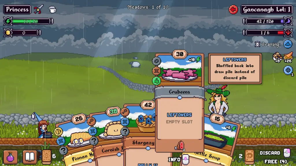 One card is pulled out from the players hand and also describes what the "Leftovers" power will do. In the background you can see the enemy and the princess continuing to stir the cauldron.