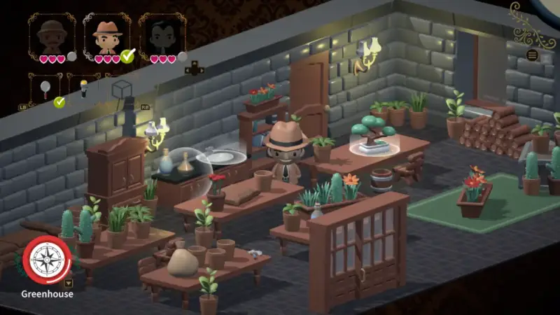 Dressed in a detective hat, tie, and jacket, our detective investigates the green house filled with plants, a cabinet, well lit.