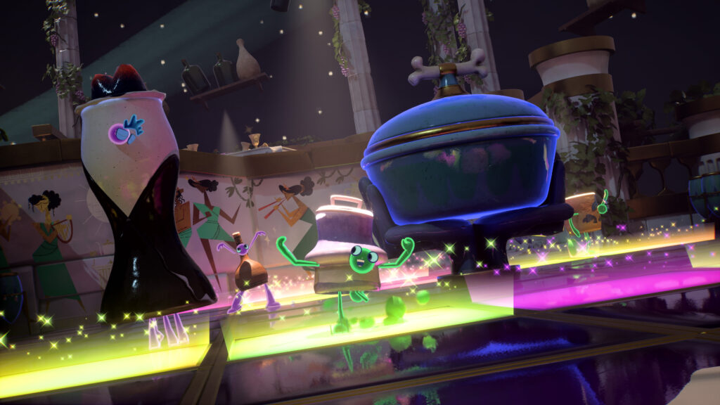 Several spirit-inhabited pots are positioned around a light-up disco dance floor with purple and green lights, in different dance poses.
