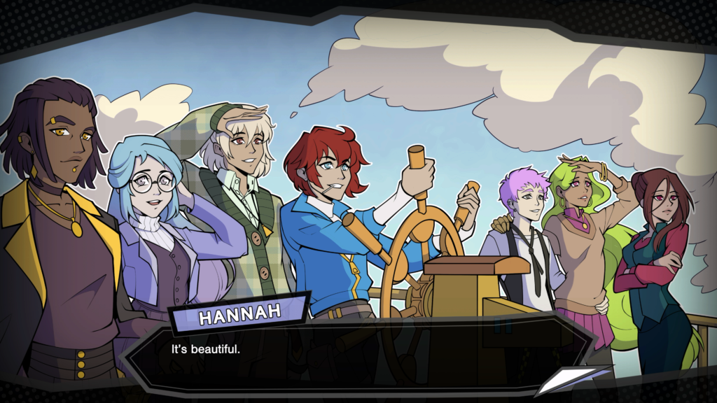 A group of companions standing together on an airship
