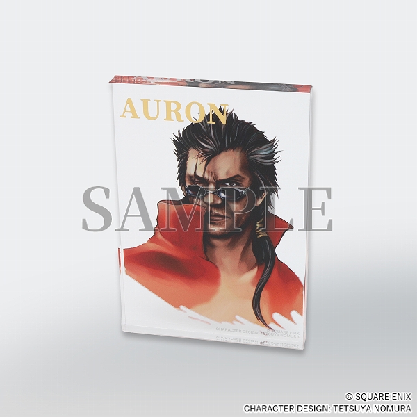 Clear acrylic block with Auron character art at centre and his name in gold at top left.