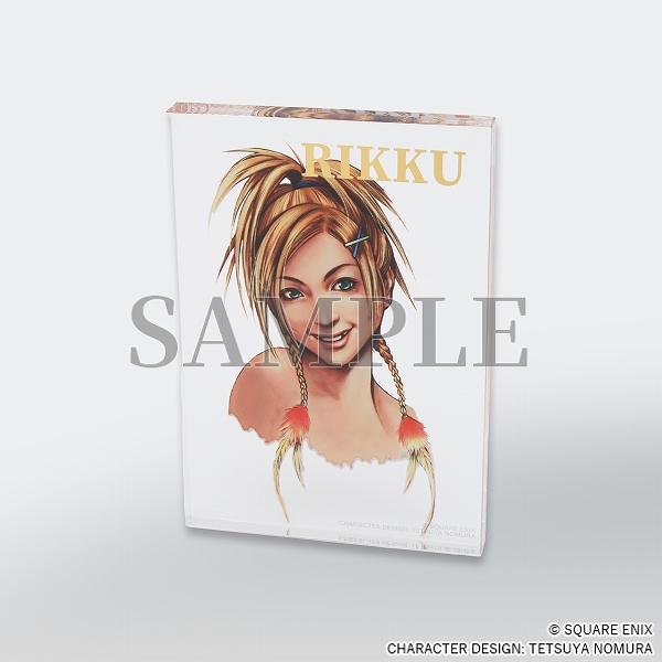 Clear acrylic block with Rikku character art at centre and her name in gold at top right.