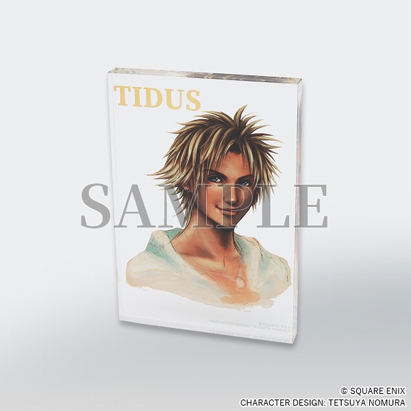 Clear acrylic block with Tidus character art at centre and his name in gold at top left.