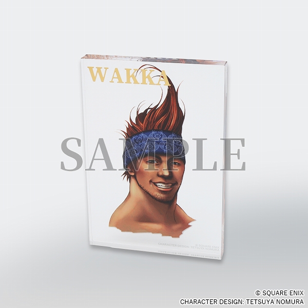 Clear acrylic block with Wakka character art at centre and his name in gold at top left.