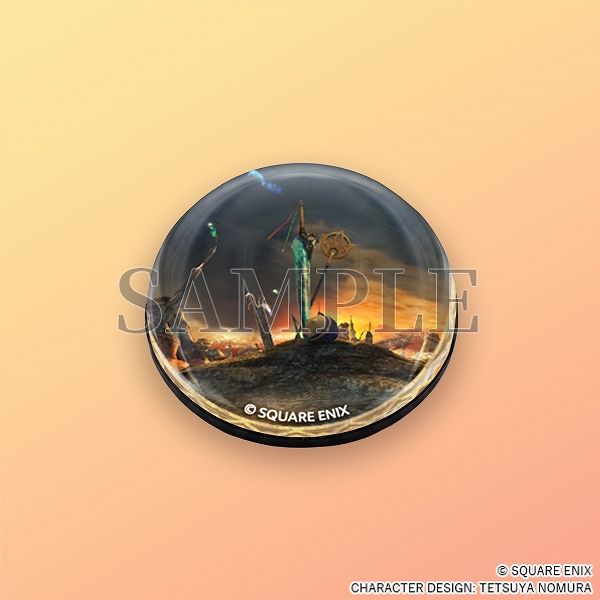 A clear glass sphere magnet with a still of the party's weapons against the Zanarkand ruins skyline