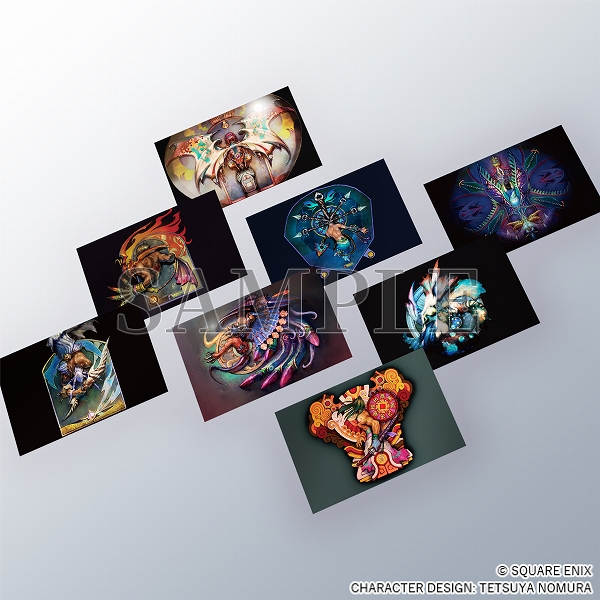 A set of eight (8) colour postcards, set against a grey background.