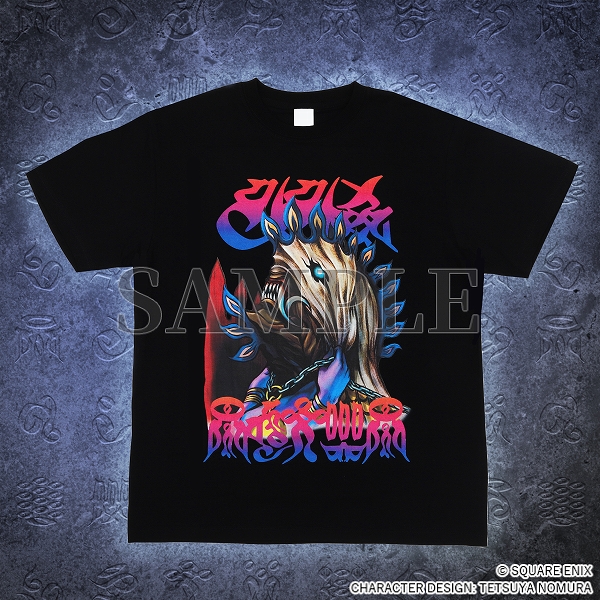 A black T-shirt with summon/aeon Anima's face, with "FFX" in Yevon script above and "Anima" in Spira alphabet below. The text is has a red/blue ombre.