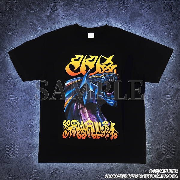 A black T-shirt with summon/aeon Bahamut's face with "FFX" in Yevon script above and "Bahamut" in Spira alphabet below. The text is has a yellow/orange ombre.