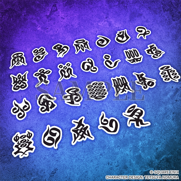 Stickers of black Yeon symbols on white, set against a purple/blue background.