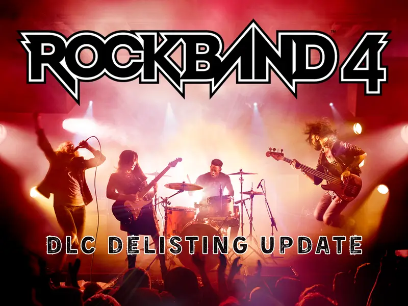 Rock band 4 key art with "DLC delisting update" subtitle