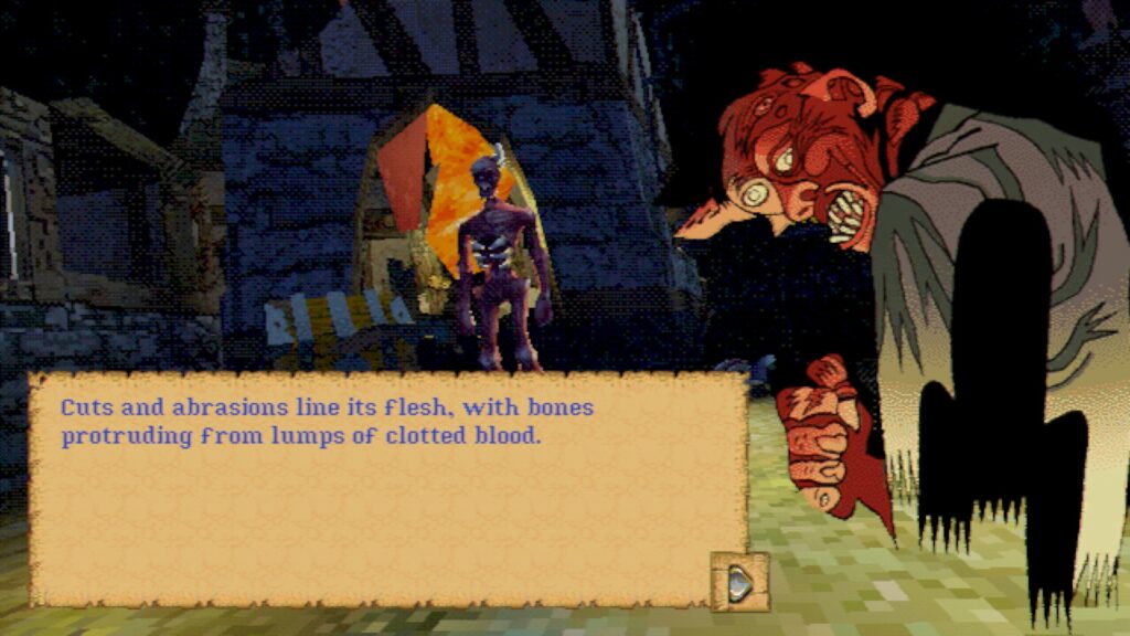 Demon in village, with portrait and text bos