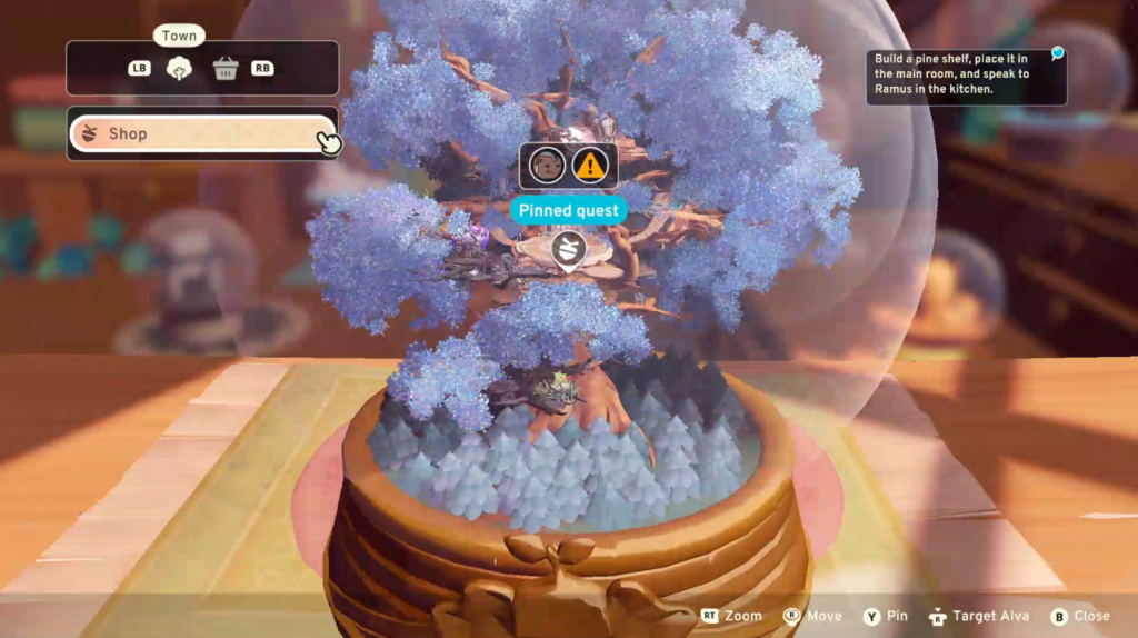 A large tree with pale blue leaves is encased within a glass globe. UI panels are in the top corners and along the bottom of the screen.