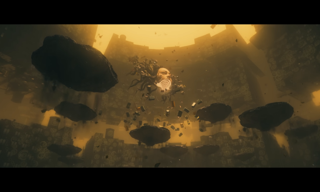 The Artist boss floats in the centre of the image with several platforms encircling her. The space below her nose is lighting up, as debris swirls about her.