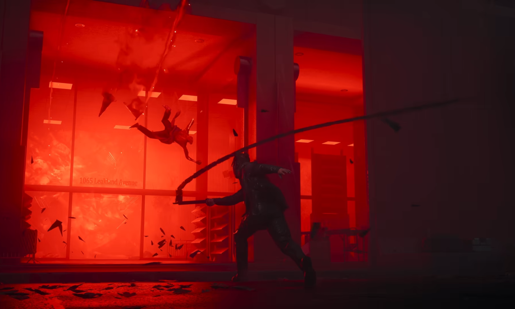 Dylan swings the Aberrant in whip form at a floating Hiss enemy, lit up by a red light being emitted by something behind them.