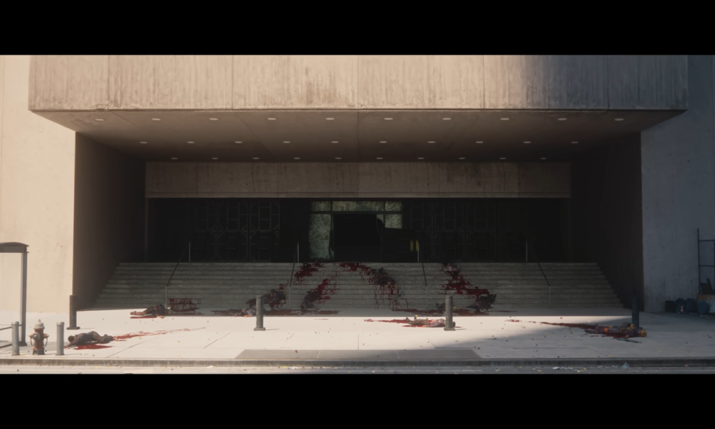 The Brutalist entrance to the Oldest House. The doors at the centre have been smashed, with trails of blood and bodies of FBC staff covering the steps leading up to the door and on the sidewalk.