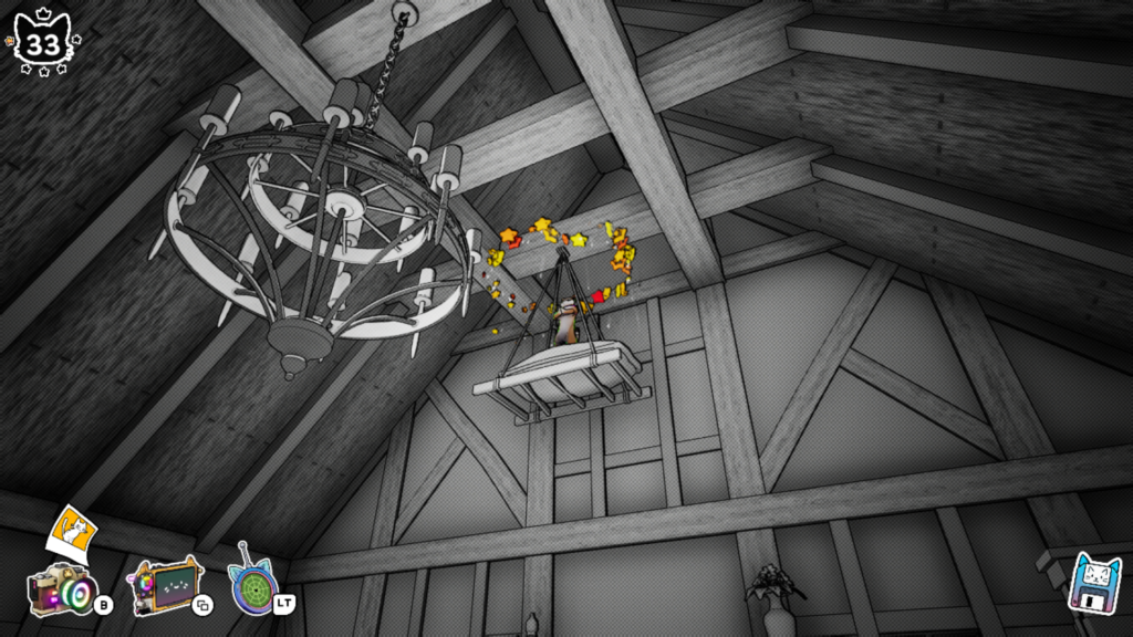 A cat surrounded by a ring of orange and yellow stars stands on a sled hanging from a roof beam next to a chandelier.