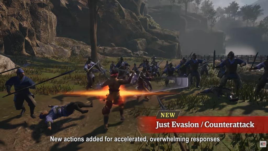 A group of soldiers approach the player character, an orange light shining between them.