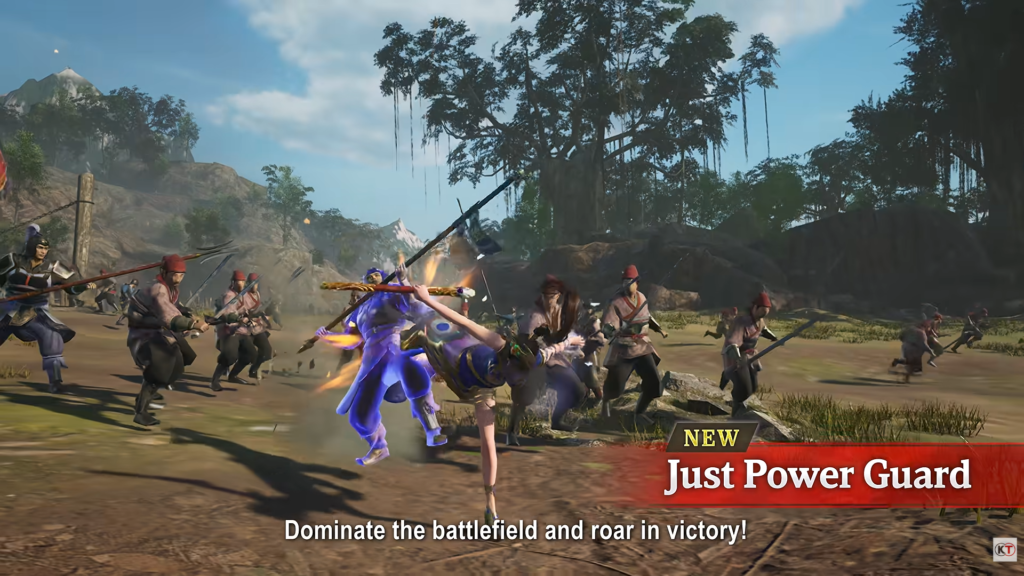 The player character performs a kick, launching their foe into the air, now lit with a blue aura.