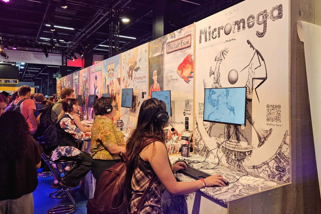 Several indie demo booths in a row being played by the public at Gamescom 2026 in Cologne, Germany.