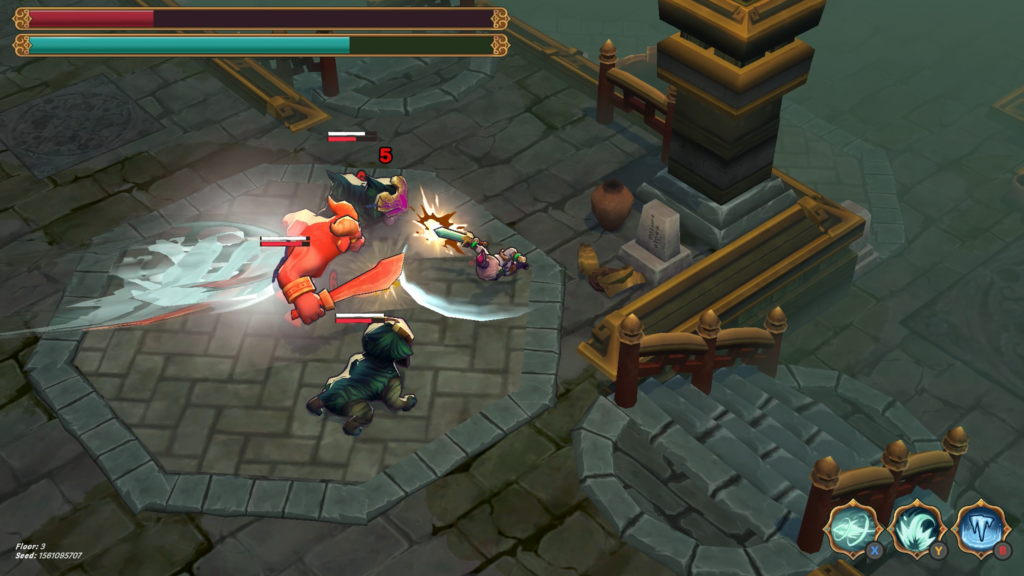 The main character performing a wide slashing attack, hitting several enemies.