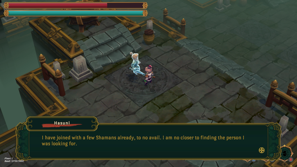 The main character speaks to a spirit. A text box runs along the bottom of the image.