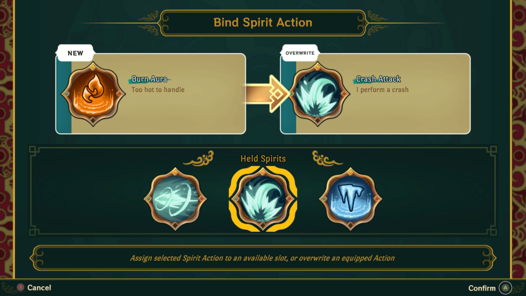 A menu screen showing how players choose what to do with spirits they encounter, such as powering up or learning new abilities.