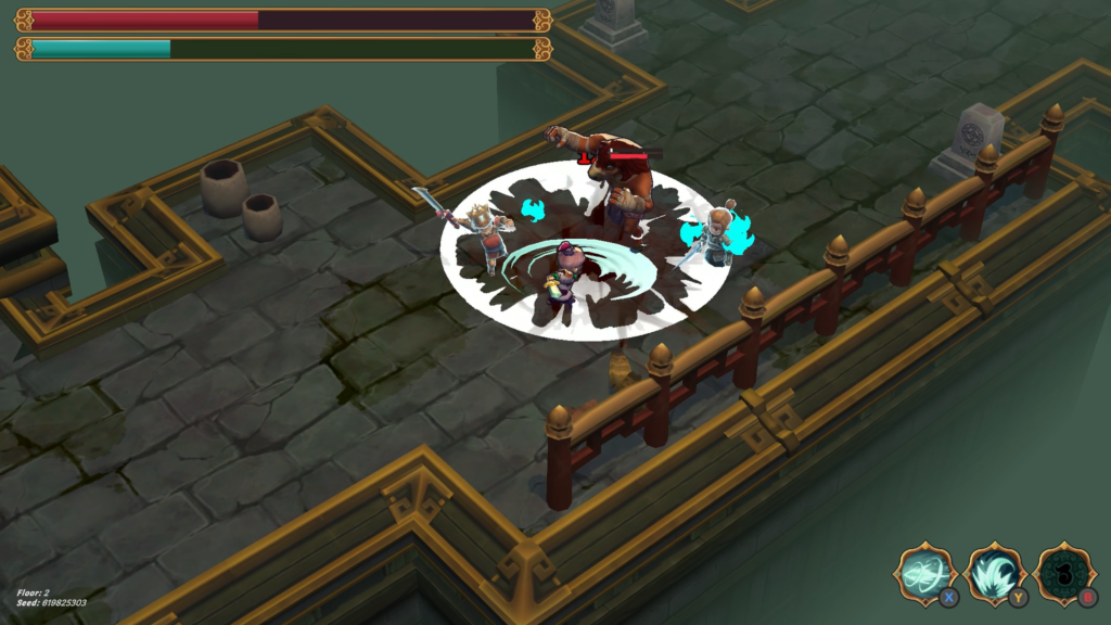 The main character and two summoned spirits perform an AOE (area of effect) attack on a large enemy.