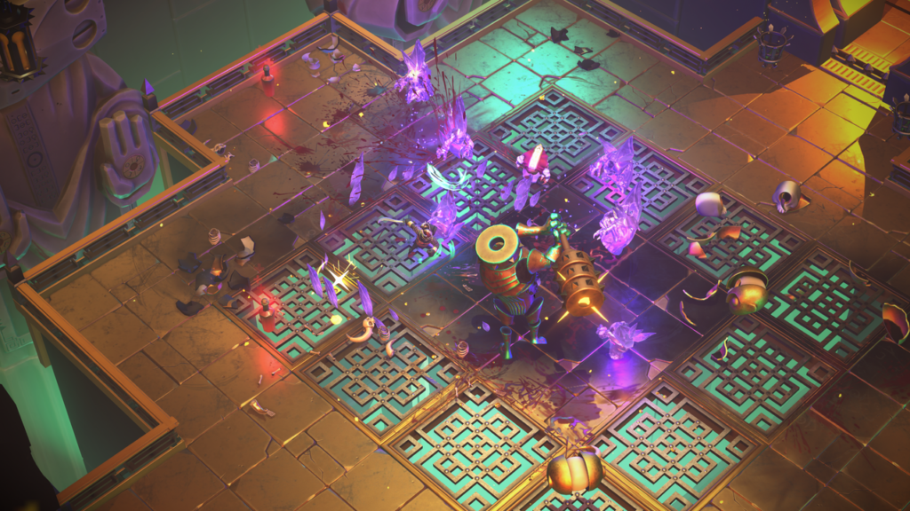 Player character fighting a large enemy wielding a spiked club, with purple fire covering the floor.