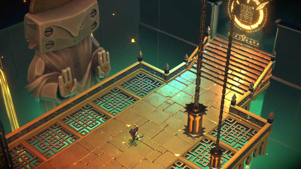Player character stands in front of a large statue with a square head and its palms facing the player. A stairwell leading up to a door with a gold ring is to the top right.