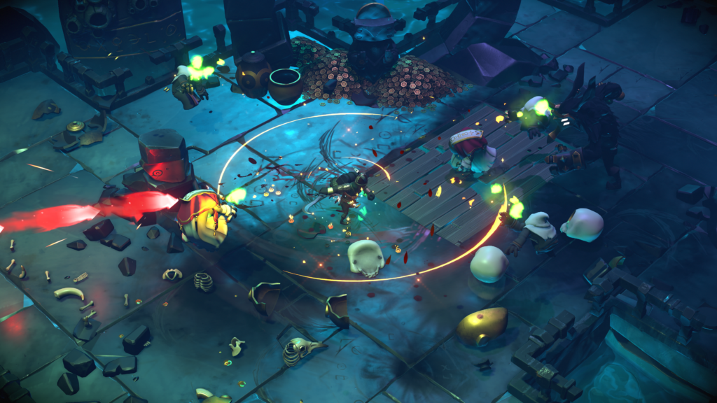 Player character performing a spin attack hitting enemies in a dark, cool, stony environment.