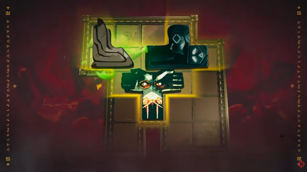 Several tetrimino-shaped blocks are placed on a grid. Each one has a different, ancient-looking design, and their borders are glowing green and yellow.