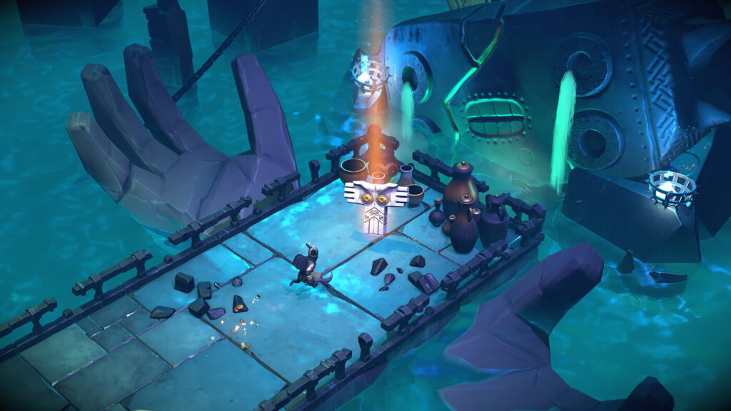 Player character stands in front of a Relic lit up with a gold light in a dark, mist-laden chamber, with a large stone hand to the left.