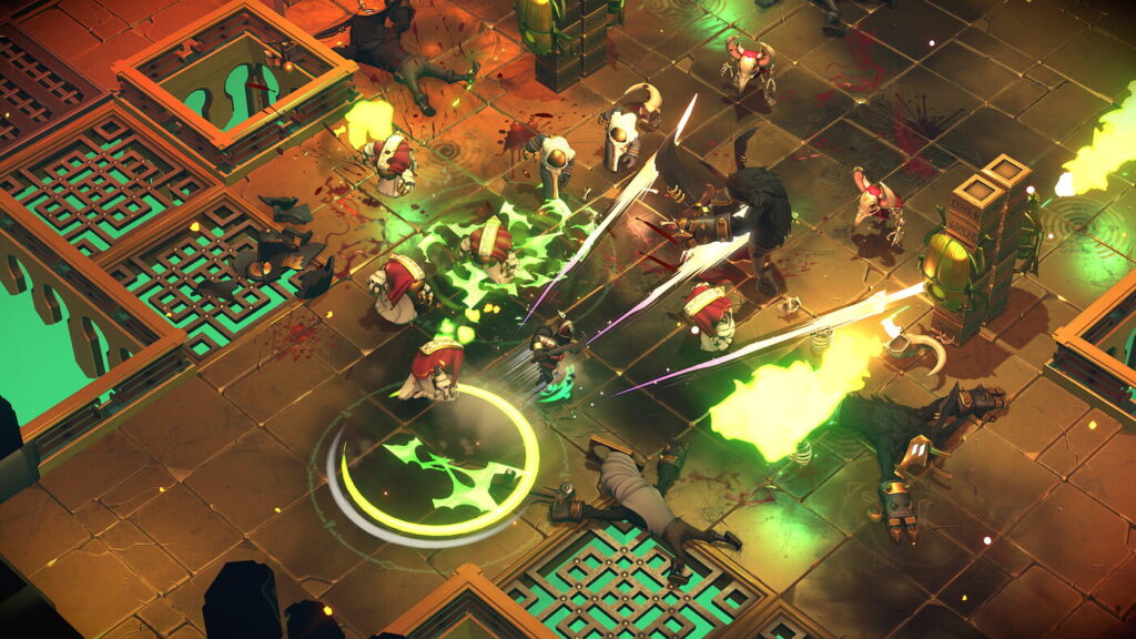 Player character surrounded by various enemies in a dungeon with gold-coloured floors and green fire lighting it.