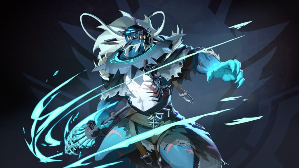 Character key art of Cetus, a large blue beastman with a mane of white hair, his face and shoulders obscured by a spiked mask and large spiked ring around his neck. He holds a grey lantern sconce in his right hand with blue energy trailing from it.