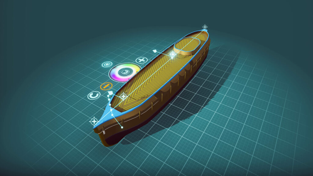 ShipShaper screenshot: A ship's hull sits on a gid, with a colour wheel next to it.