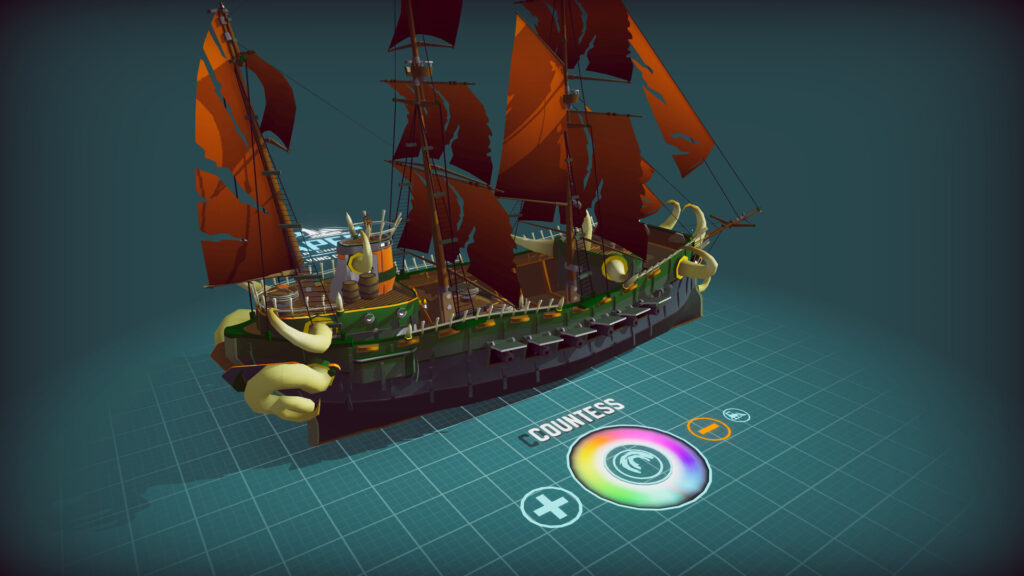 ShipShaper screenshot: A galleon with three sets of red sails sits on a gid, with a colour wheel next to it.