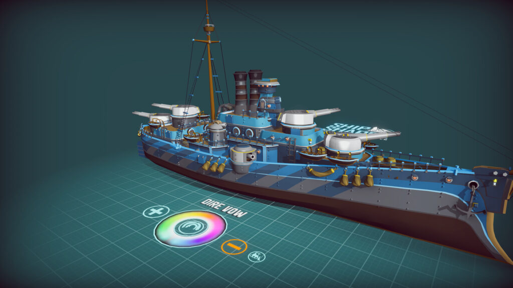 ShipShaper screenshot: A blue battleship sits on a gid, with a colour wheel next to it.