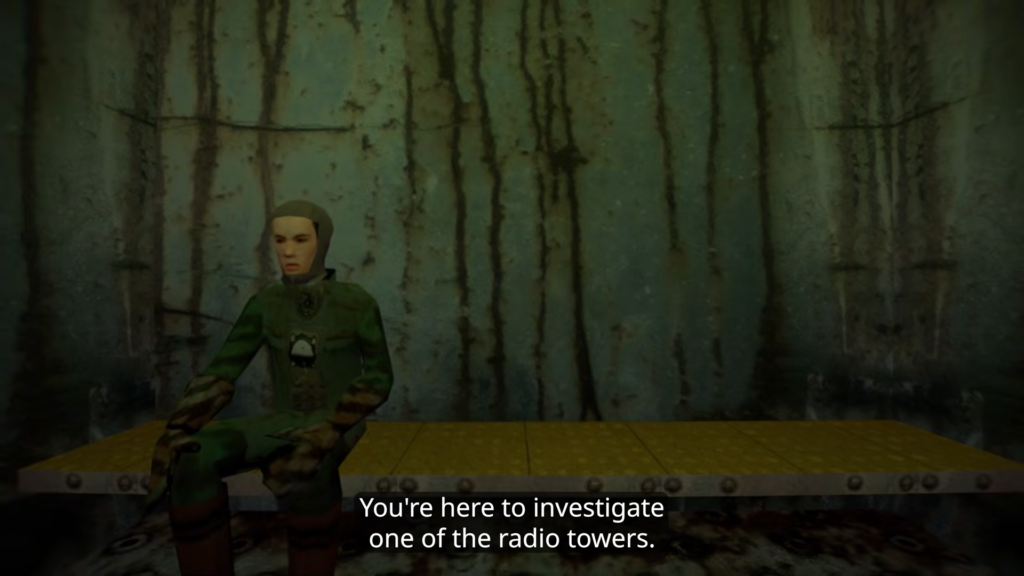 The player character sits on a flat surface against a rust streaked wall.Text at the bottom of the screen reads: "You're here to investigate one of the radio towers."