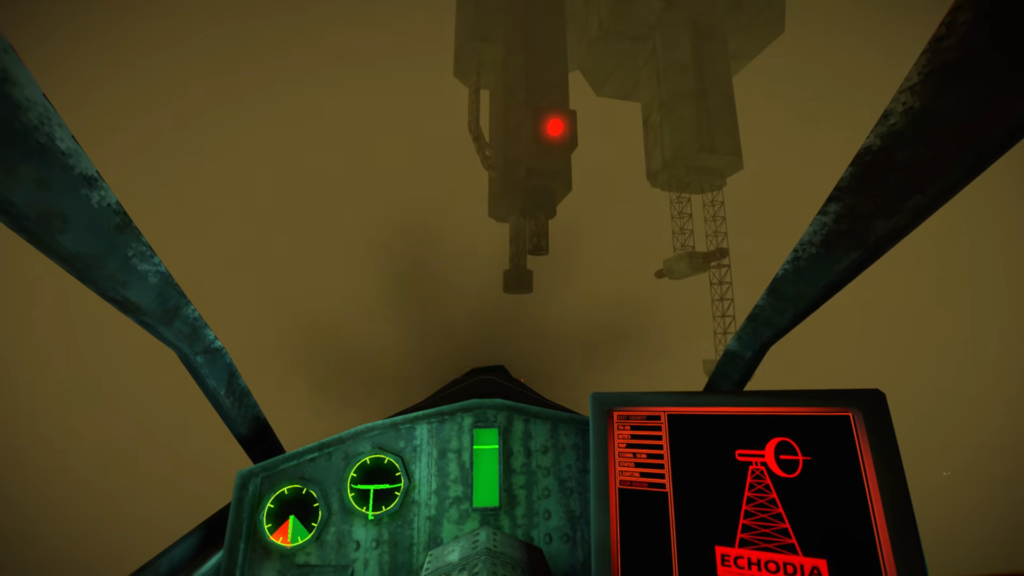 A boxy airplane cockpit is at the bottom of the screen, with neon green dials and a black/red computer screen depicting a radio tower. Large structures, one with a  large red light, hand in the foggy environment ahead of the plane.