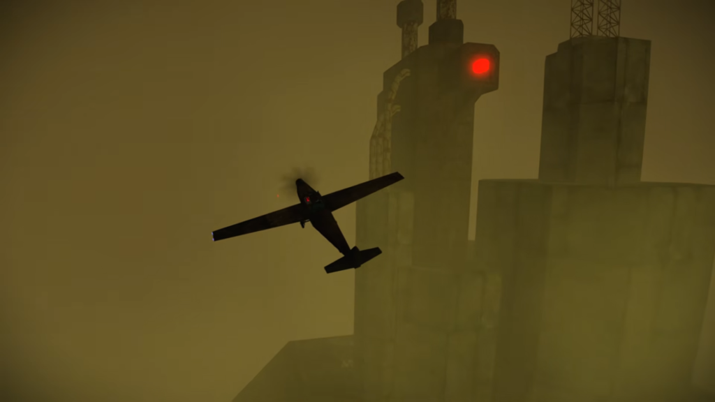 The silhouette of a plane set against a foggy yellow/brown backdrop, several buildings ne.arby, a red light at the top of one