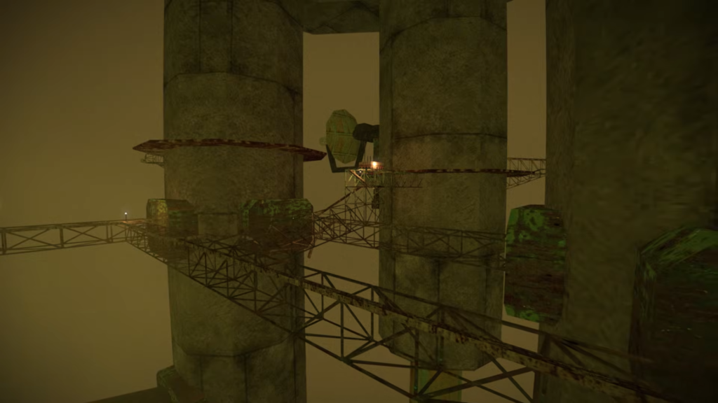 Large round concrete structures interlinked with metal walkways and staircases stand within the yellow/brown fog.