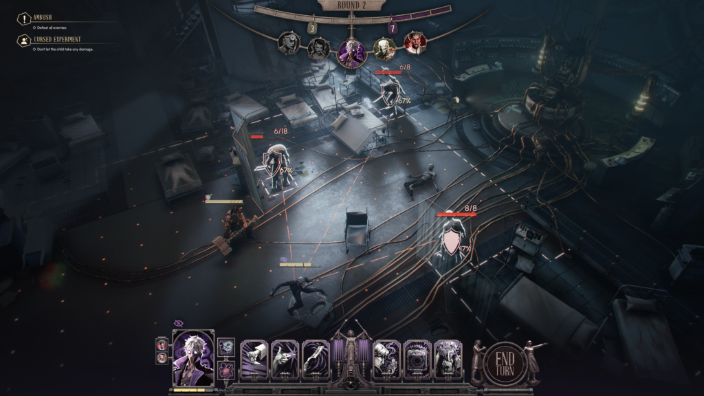 An isometric view of an interior littered with hospital beds and long cables trailing along the floor to a large machine in the top right. A selected character aims at three different enemies with red bars above their heads. UI along the bottom seems to show the selected character and their abilities, while a turn order is shown at the top. Notifications are in the top left corner.