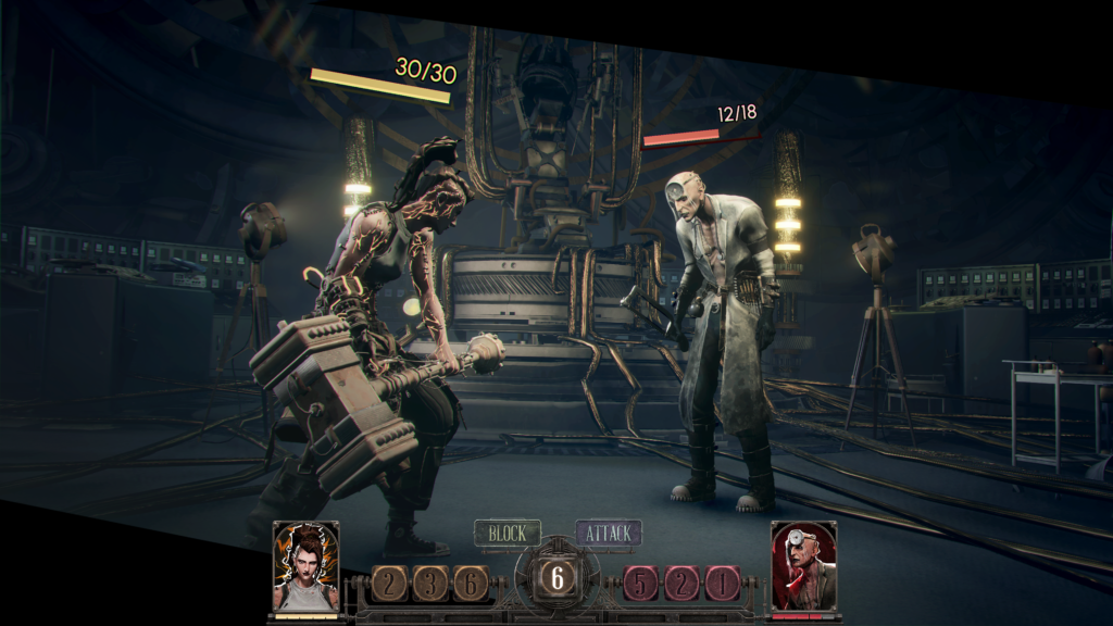 An expeditioner weilding a big hammer stands opposite a zombie-like enemy. A yellow bar floats about the expeditioner's head, while a red one is about the enemy. A UI with each character's portrait is at the bottom of the screen. The backdrop looks to be of an industrial interior with various pipes and valves.