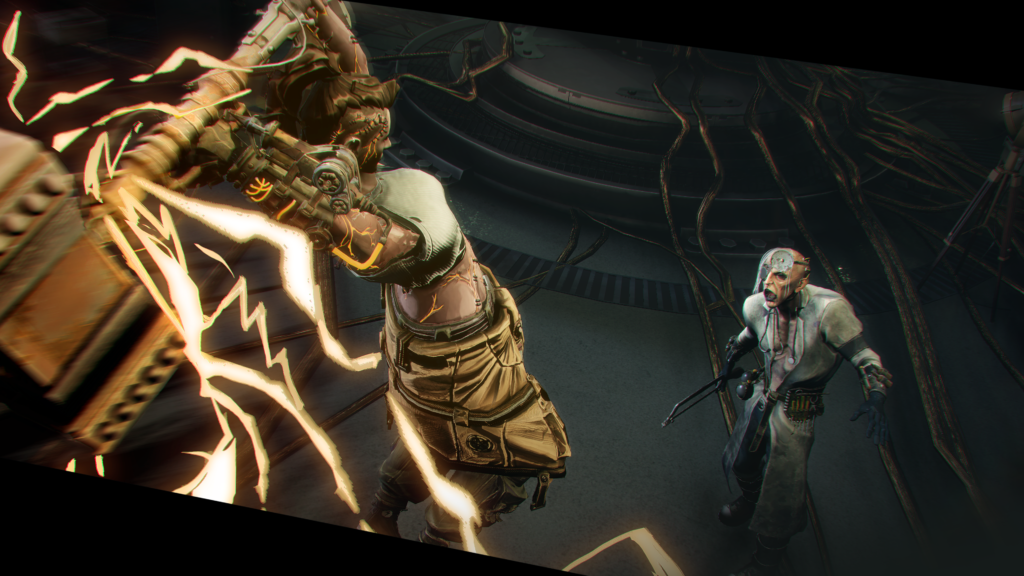 A zombie-like enemy looks up at an expeditioner who has leapt into the air holding a large hammer with two hands above their head, as lightning courses around the hammer.