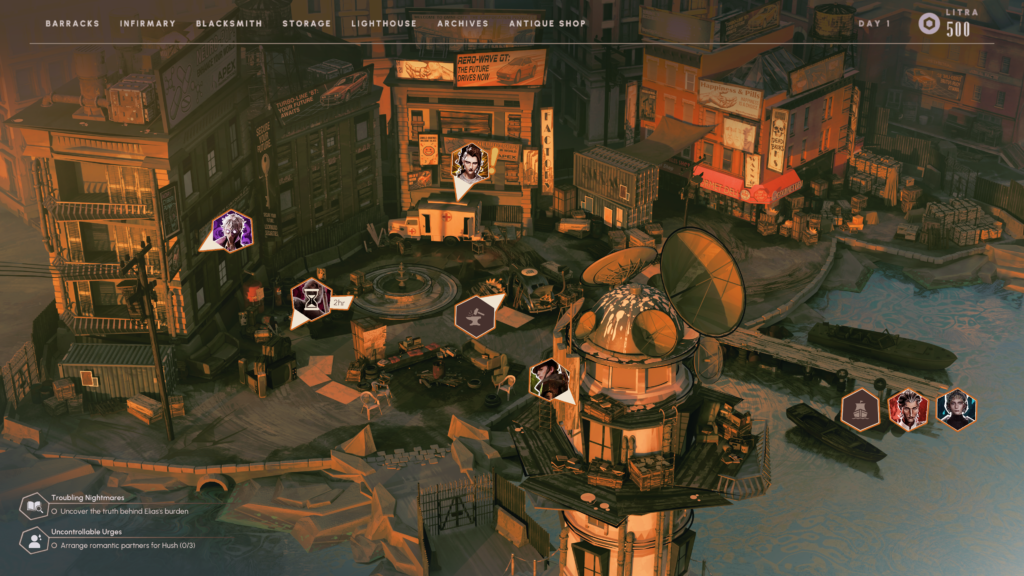 An isometric view of a cluster of 80s style brick buildings lit up by, the orange light of the sun. Character portraits with arrows point to various buildings in the environment.