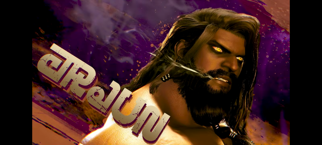 A closeup of Arjun's face, with smoke streaming out of his mouth, and his name written in an Indian script.