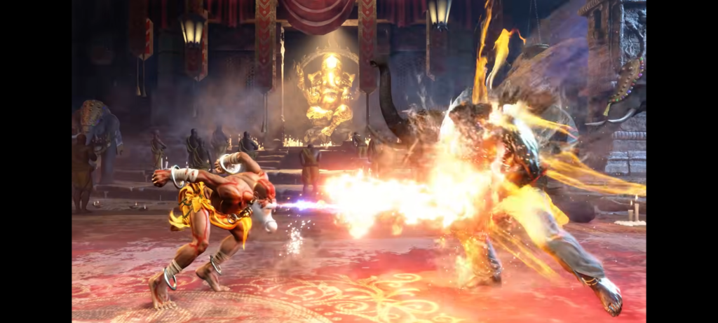 Arjun (right) walking through Dhalsim's (left) fire projectile.