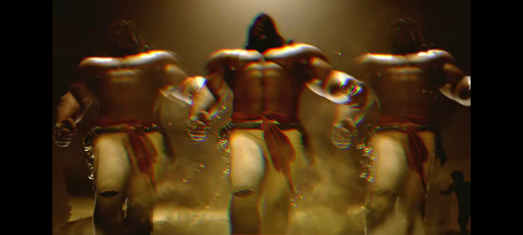 Three Arjun's walk shoulder to shoulder towards the viewer.