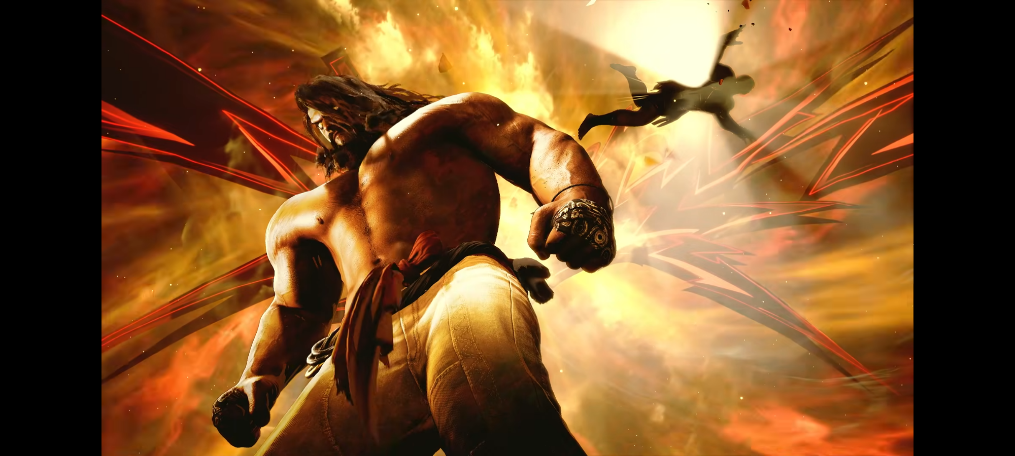Arjun poses, looking down at the camera with arms at his side, while a figure hangs above him in a sky filled with fire and red, cartoonish lightning bolts.